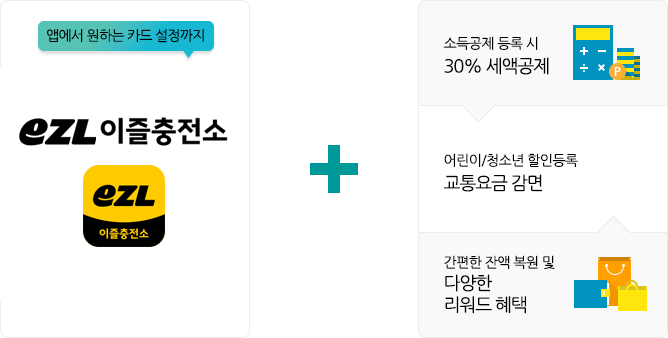 앱에서 원하는 카드 설정까지,이즐충전소,+,소득공제 등록 시 30% 세액공제,어린이/청소년 할인등록 교통요금 감면, 간편한 잔액 복원 및 다양한 리워드 혜택