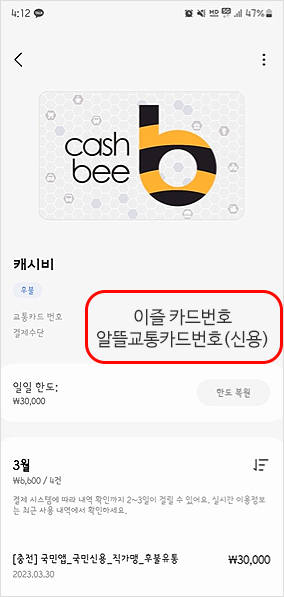 cashbee,캐시비,
											후불,
											교통카드 번호 이즐 카드번호,
											결제수단 알뜰교통카드번호(신용),
											일일 한도 : ₩30,000,
											한도 복원,
											3월,
											₩6,600 / 4건,
											결제 시스템에 따라 내역 확인까지 2~3일이 걸릴 수 있어요, 실시간 이용정보는
											최근 사용 내역에서 확인하세요.,
											[충전]국민앱_국민신용_직가맹_후불유통 ₩30,000,
											2023.03.30
											