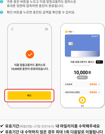 ②  쿠폰 충전 버튼을 누르고 이즐 알뜰교통카드 플러스를 휴대폰 뒷면에 접촉하면 충전이 완료됩니다.//③확인 버튼을 누르면 충전된 금액을 확인할 수 있어요.
이즐 알뜰교통카드 플러스로,
10,000원 충전이 완료되었습니다., 확인,
eZL 이즐충전소, 카드 조회,
쿠폰1, 알뜰교통카드+, 이즐 알뜰교통카드 플러스 등록+, 1234 1234 1234 123, 10,000원, 이용내역, 소득공제, 등록완료, 어린이/청소년할인, 등록완료, 충전
유효기간(매월20일~27일 오전10시) 내 마일리지를 수락해주세요.
유효기간 내 수락하지 않은 경우는 최대 1회 다음달로 이월됩니다.