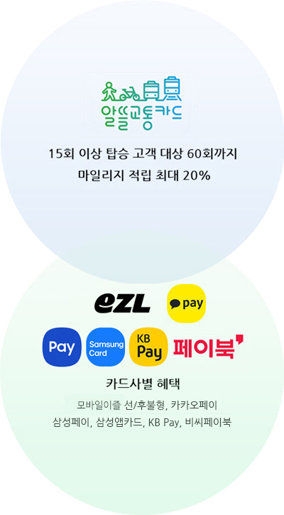 알뜰교통카드//15회 이상 탑승 고객 대상 60회까지 
									마일리지 적립 최대 20%//eZL//카카오페이//Samsung Pay//Samsung Card//KB Pay//페이북'//카드사별 혜택, 모바일이즐 선/후불형, 카카오페이//삼성페이,삼성앱카드, 비씨페이북