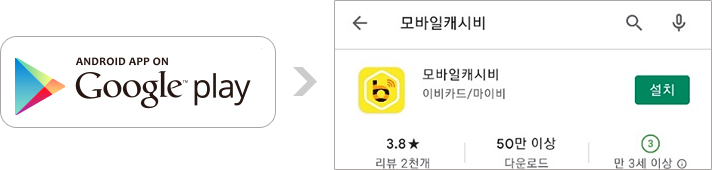 ANDROID APP ON//Google play(앱아이콘), > , (구글플레이 스토어 앱화면)모바일이즐
							//모바일이즐, 이비카드/마이비, 설치//3.8 리뷰 2천개, 50만 이상 다운로드, 만 3세 이상