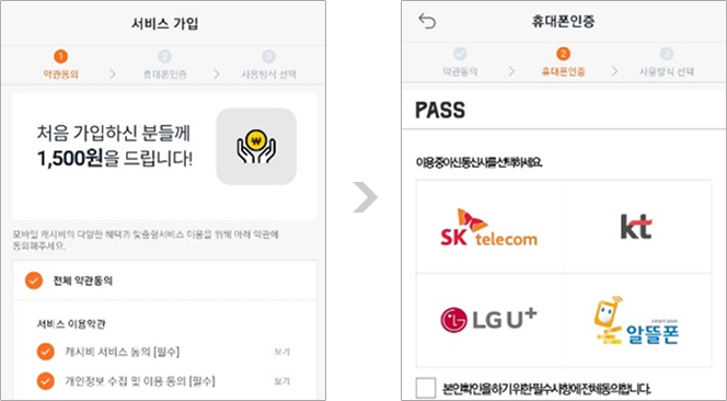 
							(모바일이즐 앱화면) 서비스가입//1. 약관동의// 처음 가입하신 분들께 1,500원을 드립니다!//모방리 캐시비의 다양한 혜택과 맞춤형 서비스 이용을 위해 약관에 동의해주세요.//
							(체크박스)전체 약관동의, 서비스 이용약관// (체크박스) 캐시비 서비스 동의 [필수] 보기(버튼), 개인정보 수집 및 이용동의[필수] 보기(버튼)//
							(다음단계, 모바일이즐 앱화면) 휴대폰 인증// 2. 휴대폰 인증// PASS// 이용중이신통신사를 선택하세요.// SK telecom, Kt, LG U+, 알뜰폰//
							(체크박스) 본인확인을 하기 위한 필수사항에 전체동의합니다.
							