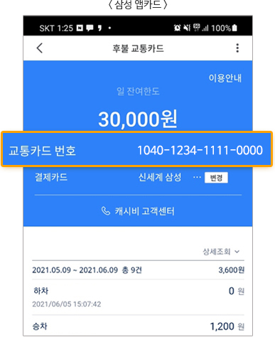
							<삼성 앱카드 >
							후불 교통카드//
							일잔여한도, 이용안내//
							30,000원//
							교통카드 번호 1040-1100-8458-5019//
							결제카드 신세계 삼성, 변경(버튼)//캐시비 고객센터//
							상세조회// 2021.05.09~2021.06.09 총9건  3,600원//
							하차 0원, 2021/06/15 15:07:42//0원//
							승차 1,200원
							